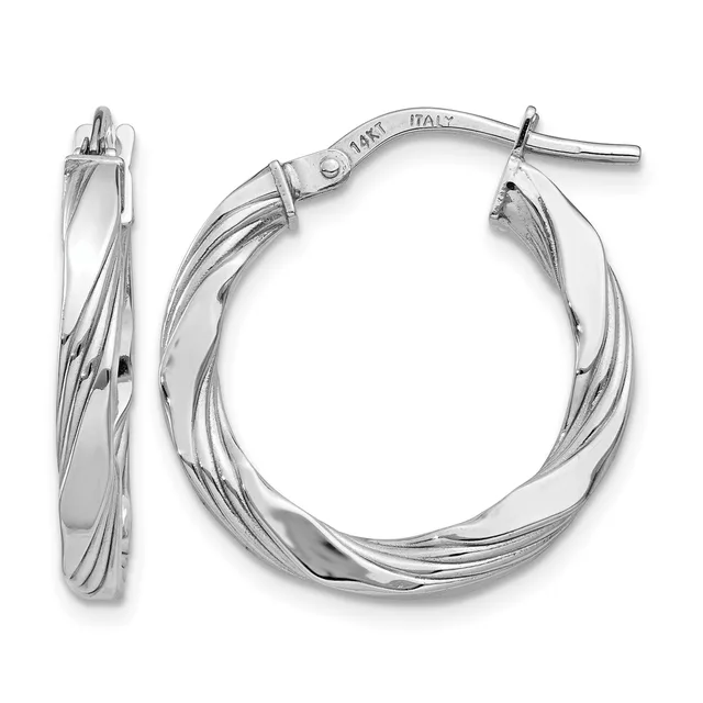 Pair of twisted silver hoop earrings with a polished finish, shown from front and side views with post and clutch closures.