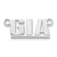 Silver-toned metal pendant with the letters "GIA" in large block capitals, featuring small loops on either side for attachment.