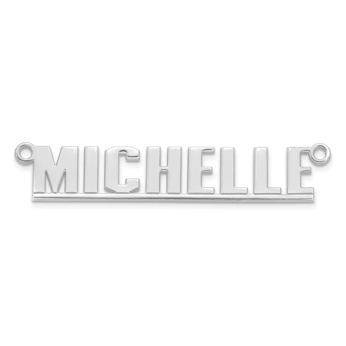 A silver-toned metal nameplate pendant spelling "MICHELLE" with small loops at each end for attachment.