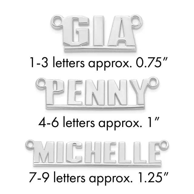 Three silver nameplate pendants with attached loops shown at actual size, displaying examples for 1-3 letters at 0.75 inches, 4-6 letters at 1 inch, and 7-9 letters at 1.25 inches.