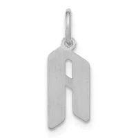 Silver letter R pendant with a loop bail and brushed finish surface.