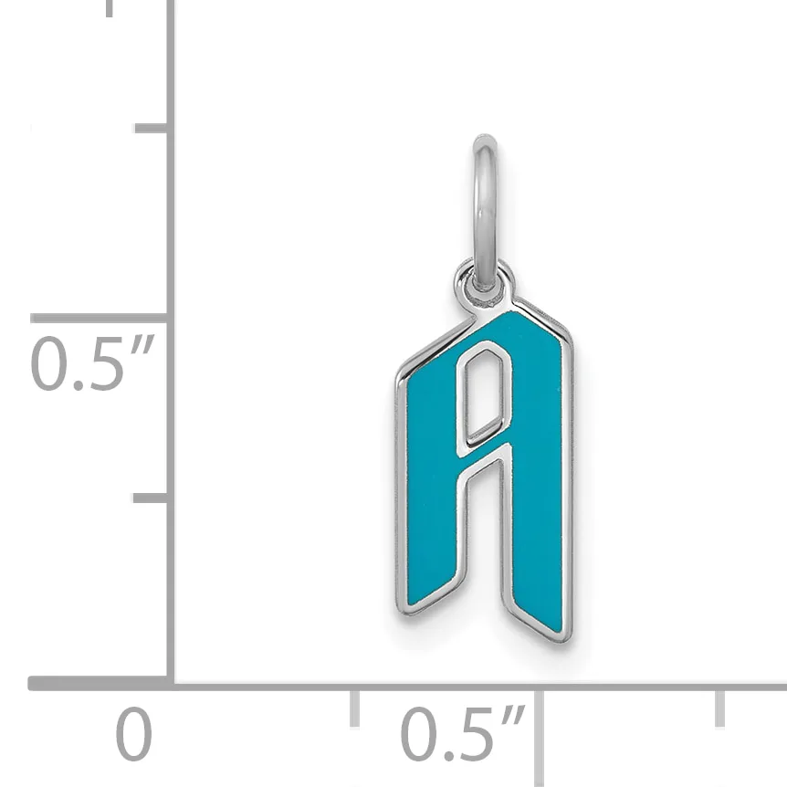 A silver pendant charm with a turquoise enamel letter "A" shown next to a measurement ruler indicating the charm is approximately 0.5 inches tall and wide.