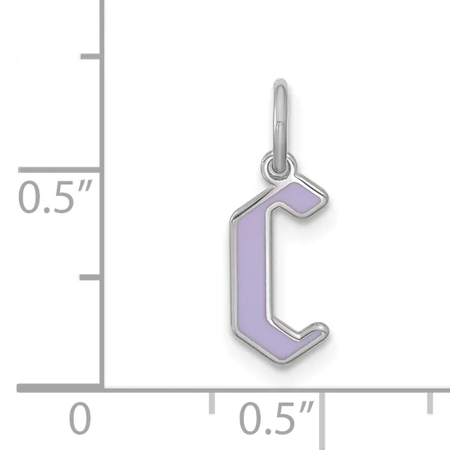 Silver charm in the shape of a lowercase letter "c" with lavender enamel fill, shown next to a ruler indicating approximately 0.5 inches in height.