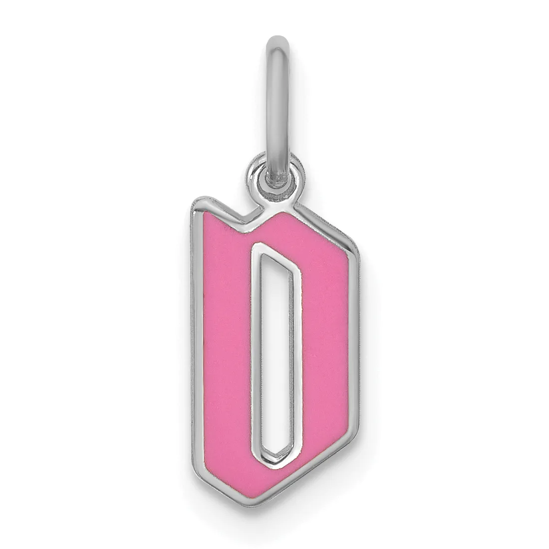 A silver pendant charm with a pink enamel shield-shaped face featuring a cutout vertical rectangle in the center, suspended from a silver loop.