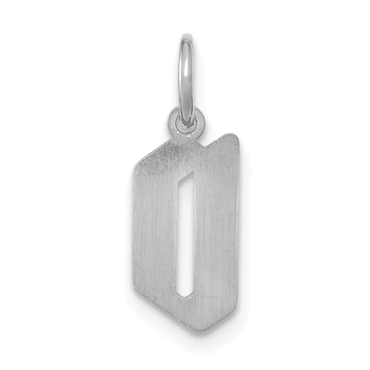 A silver rectangular pendant with rounded corners and a cutout window in the center, suspended from a silver bail loop.