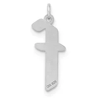 Silver cross pendant with a curved decorative top and a small stamped hallmark near the bottom, shown hanging from a loop against a white background.