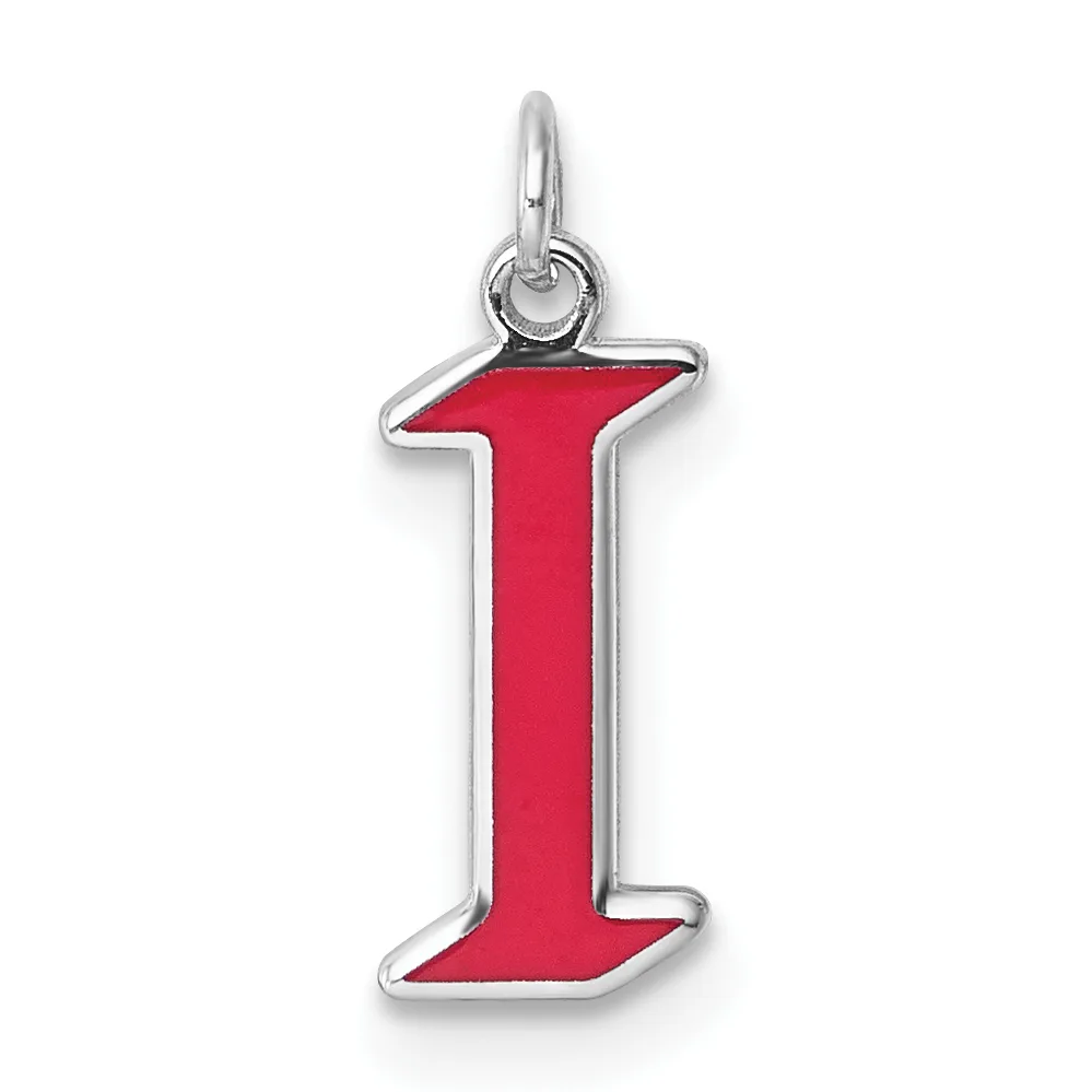 A red enameled letter "I" pendant with silver-tone metal borders and a loop attachment at the top.