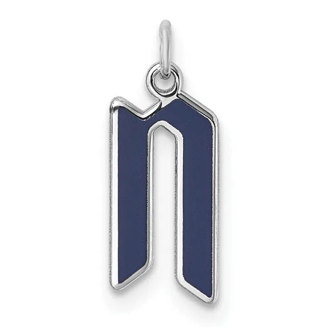 Silver pendant charm with a dark blue rectangular enamel center and rounded sides, suspended from a silver bail loop.