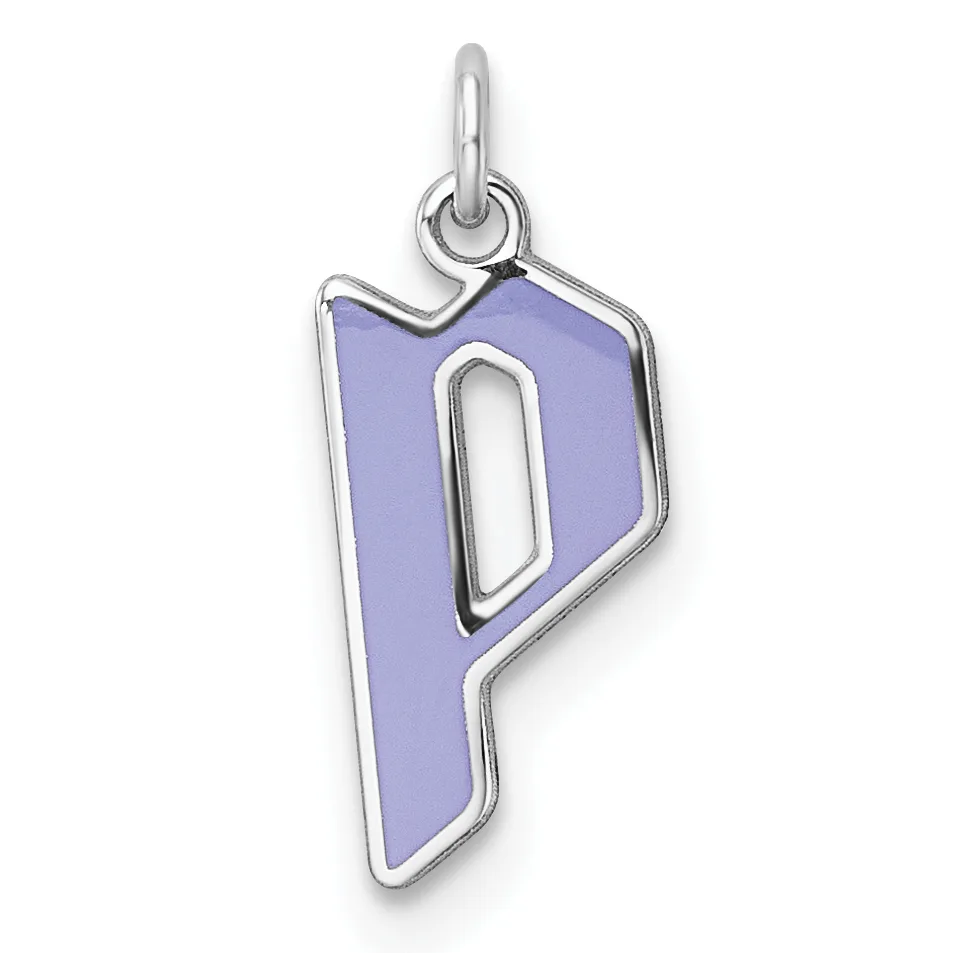 A silver pendant charm shaped like the letter P with a purple enamel fill and a loop bail at the top.