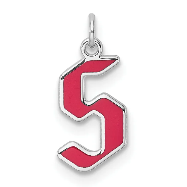 A silver pendant charm shaped like the number 5 with red enamel fill and a polished silver outline, suspended from a silver loop bail.