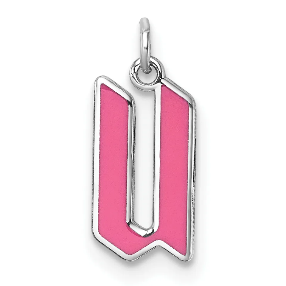 Silver pendant with a bright pink enamel letter U design, featuring a polished silver outline and a small loop at the top for hanging.