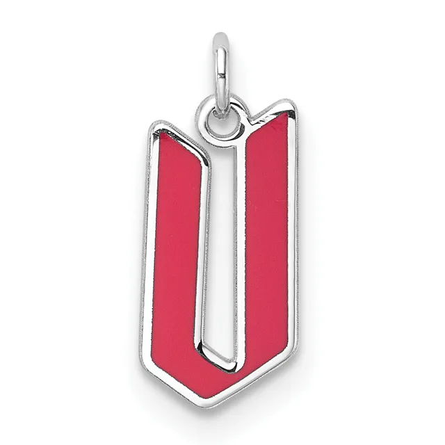 Silver pendant charm with a red enamel shield-shaped design and a small loop attachment at the top.
