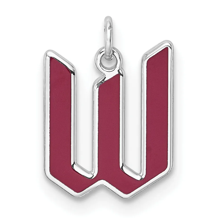 Silver pendant with a maroon enameled W-shaped initial letter and a small loop at the top for hanging.