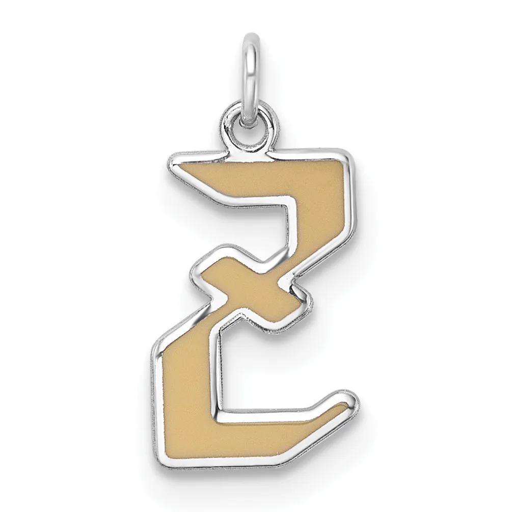 Silver pendant charm shaped like the letter E with gold-colored enamel fill and a loop bail at the top.