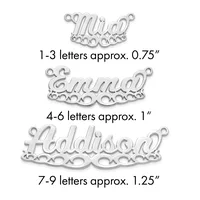 Three silver-colored metal name charms with decorative borders and loops, shown in sizes for 1-3 letters (0.75"), 4-6 letters (1"), and 7-9 letters (1.25").
