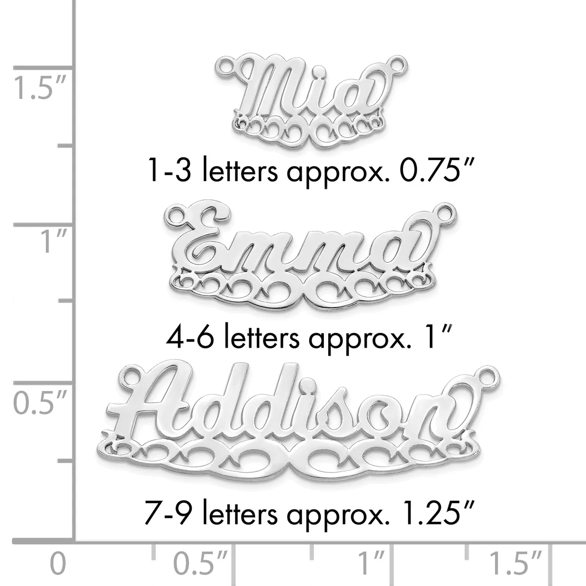 Three silver-colored metal name plate charms with decorative scalloped borders shown against a ruler measuring their sizes from 0.75 to 1.25 inches in width.