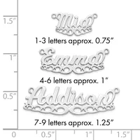 Three silver-colored metal name plate charms with decorative scalloped borders shown against a ruler measuring their sizes from 0.75 to 1.25 inches in width.