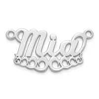 Silver-colored nameplate pendant with the name "mia" in script lettering, featuring decorative scalloped edges and multiple attachment loops.