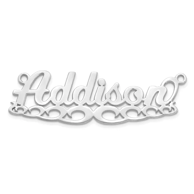 Silver-toned metal pendant with the word "Adoleisand" in script lettering, featuring decorative circular cutouts along the bottom edge and small loops at each end for attachment.