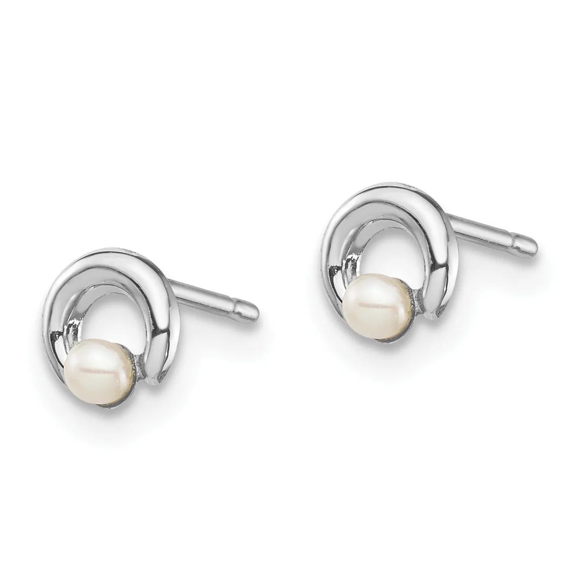 A pair of silver stud earrings with polished oval frames each holding a cream-colored pearl, shown against a white background.