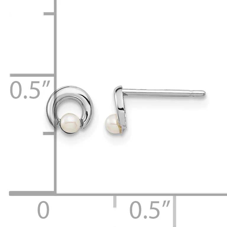 A pair of sterling silver stud earrings with open circular loops and white pearl drops, shown front and side view with a measurement scale indicating 0.5 inch height.