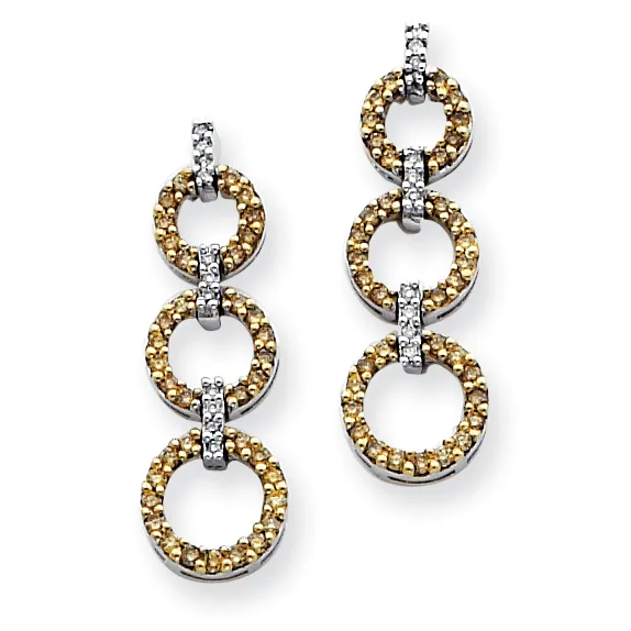 Pair of dangling earrings with three stacked circular rings filled with champagne-colored stones separated by diamond-studded connectors in white metal.