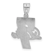 Silver pendant featuring a cross shape with a cutout design and a decorative curled element on the right side, suspended from a bailed loop with a small stamped hallmark.