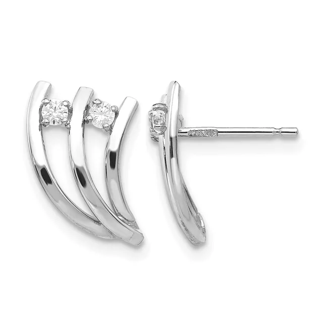 Pair of curved silver earrings with diamond studs, shown from front and side views against a white background.