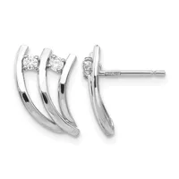 Pair of curved silver earrings with diamond studs, shown from front and side views against a white background.