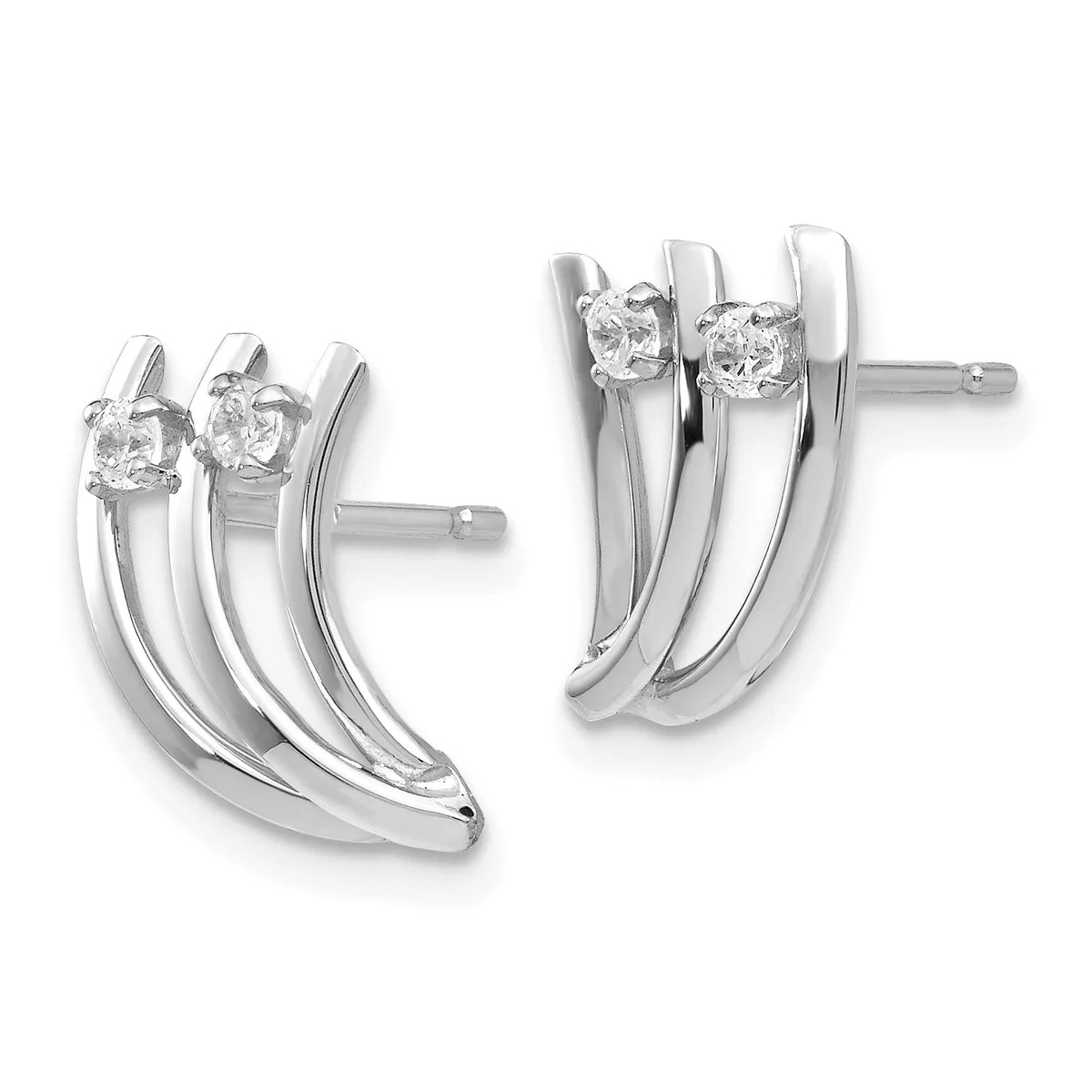 Pair of curved silver earrings with two round cubic zirconia stones set at the top of each earring, shown from front and back views.