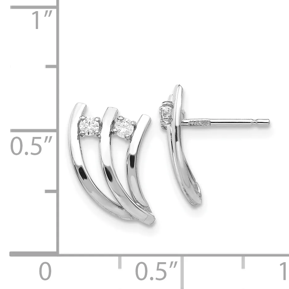A pair of silver curved earrings with round diamonds set in the upper loops, shown against a measurement scale indicating approximately one inch in height.