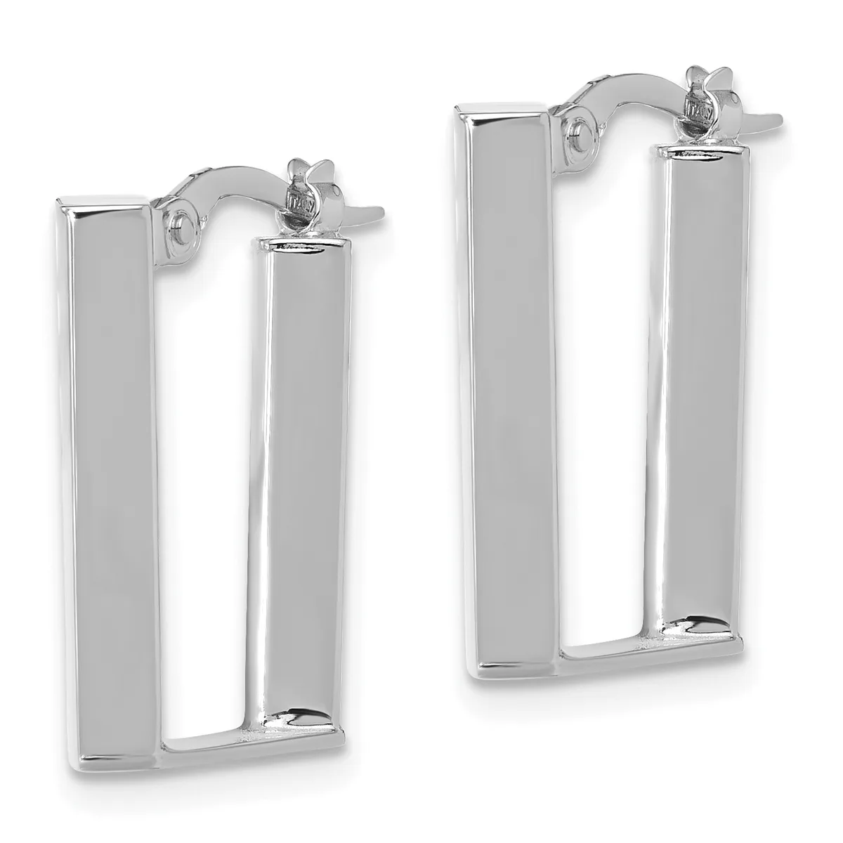 A pair of polished silver rectangular hoop earrings with post and butterfly closures, displayed side by side against a white background.