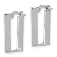 A pair of polished silver rectangular hoop earrings with post and butterfly closures, displayed side by side against a white background.
