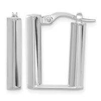 A pair of polished silver rectangular tube hoop earrings with a hinged clasp closure, shown from the front and back views.