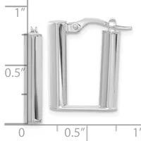 Silver-toned rectangular hoop earrings with a polished finish and hinged post closures, shown with a measurement scale indicating approximately one inch in height.