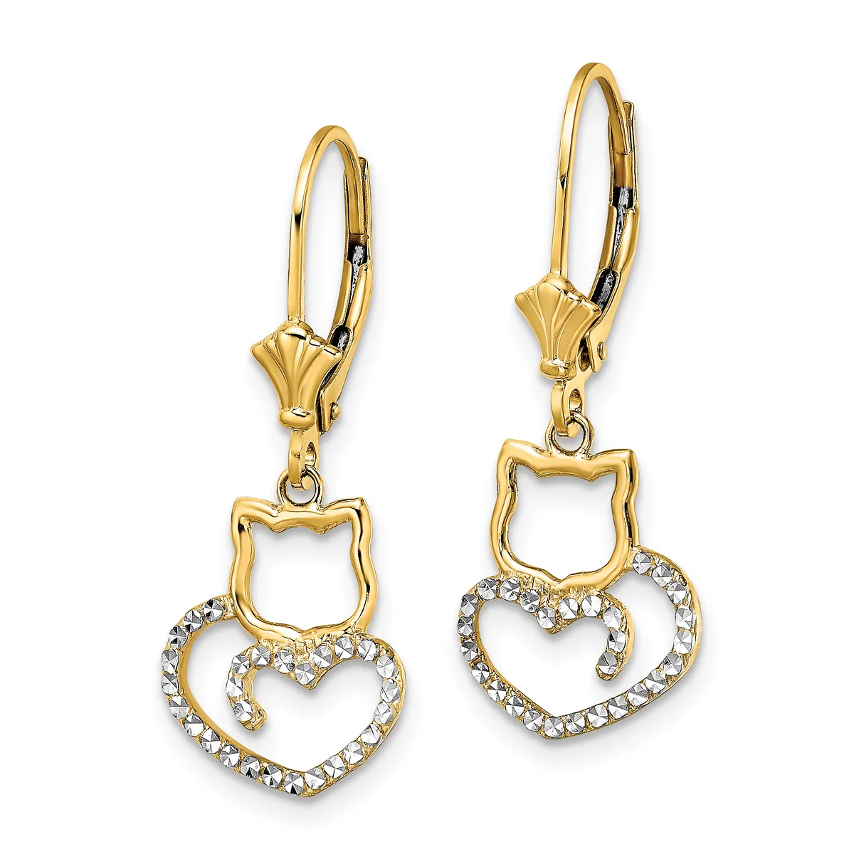 Pair of gold-toned leverback earrings featuring cat head charms above heart-shaped pendants with crystal rhinestone accents.
