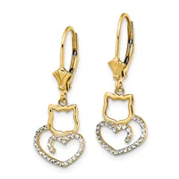 Pair of gold-toned leverback earrings featuring cat head charms above heart-shaped pendants with crystal rhinestone accents.