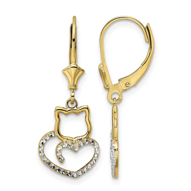 Pair of gold leverback earrings featuring an outlined shield charm suspended above an outlined heart charm set with small clear crystals.
