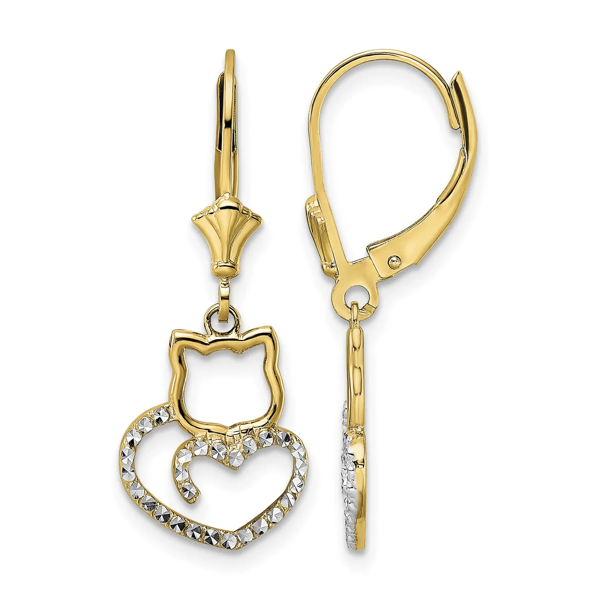 Pair of gold leverback earrings featuring an outlined shield charm suspended above an outlined heart charm set with small clear crystals.