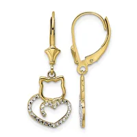 Pair of gold leverback earrings featuring an outlined shield charm suspended above an outlined heart charm set with small clear crystals.