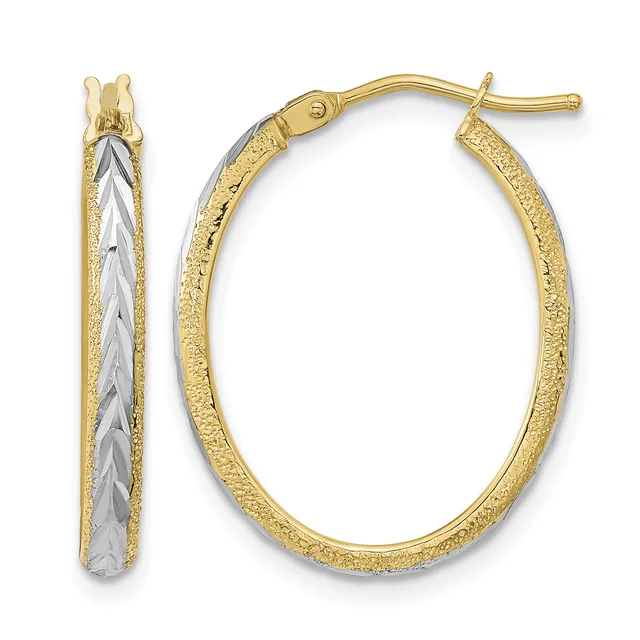 A pair of two-tone oval hoop earrings with textured gold outer edges and smooth white metal inner surfaces, shown from front and side views.
