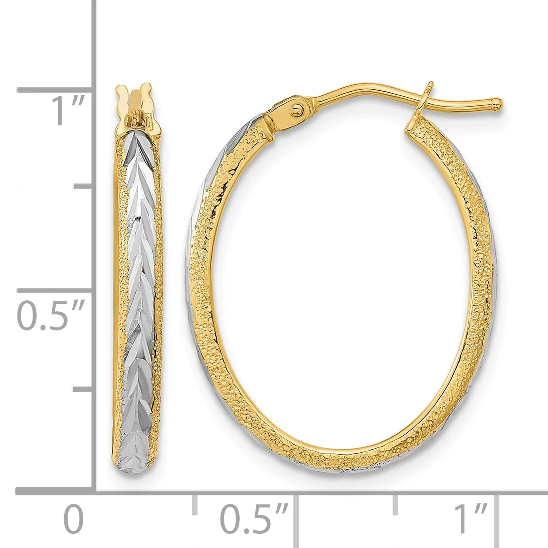Pair of two-tone gold hoop earrings with textured outer surface and smooth inner surface, shown next to a ruler for scale.