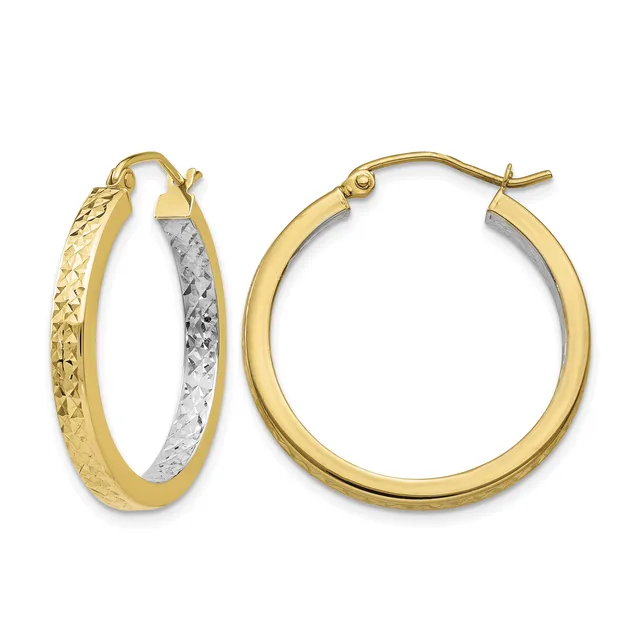 Pair of gold hoop earrings with textured and polished finishes, shown from the front and side angles.