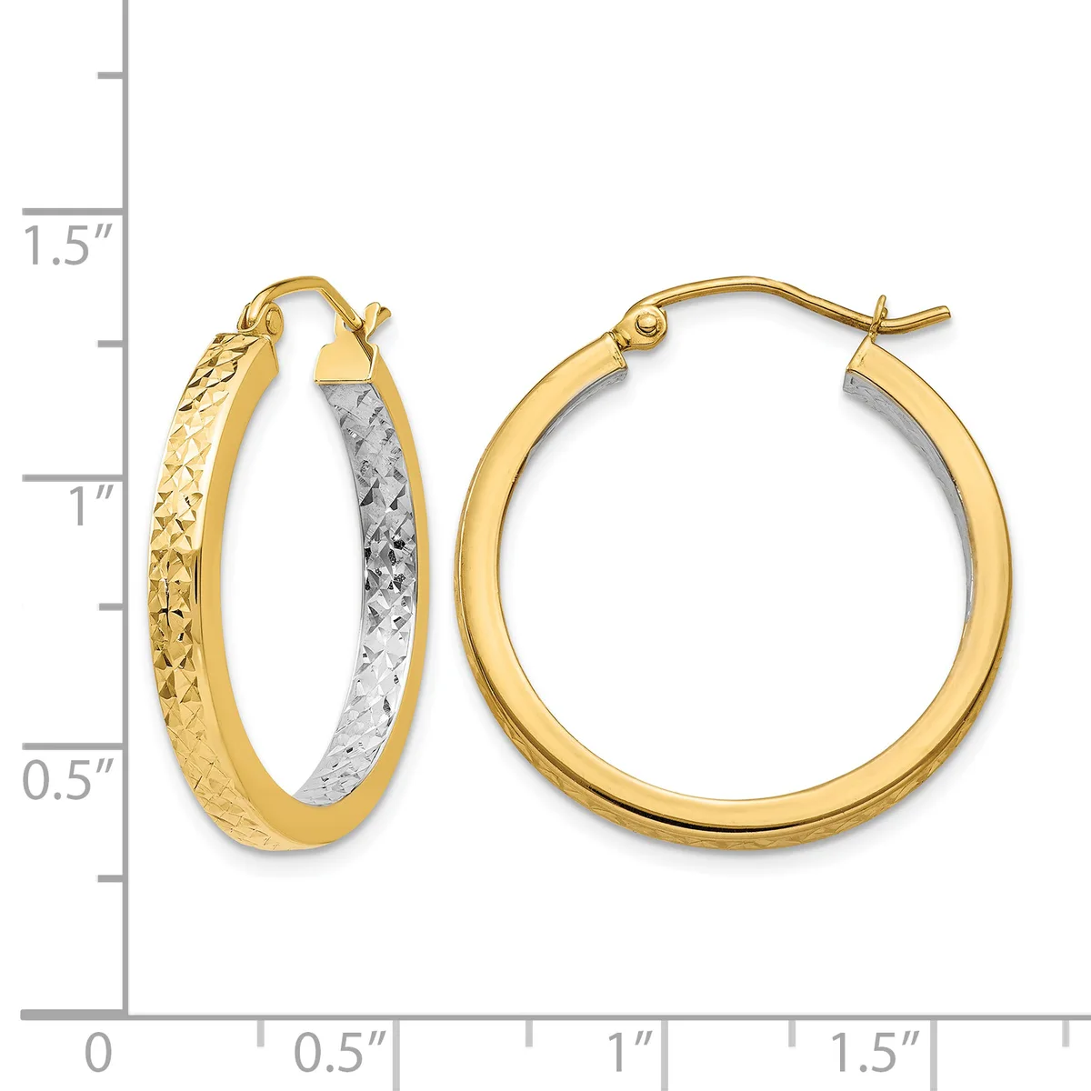 Two-tone hoop earrings with textured gold outer surface and rhodium-plated inner surface, shown next to a measurement scale indicating approximately 1 inch in diameter.