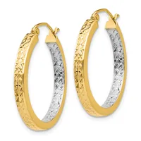 Pair of two-tone hoop earrings with textured gold outer surface and polished silver inner surface, shown with post and loop closures.