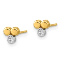 A pair of gold stud earrings with two polished yellow gold spheres above a white metal bezel-set round diamond on each post.