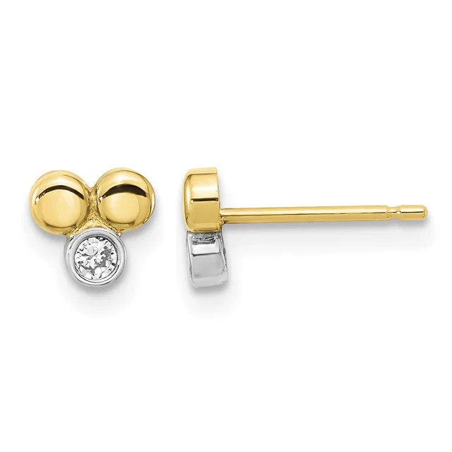 Pair of gold stud earrings with two polished yellow gold spheres above a white metal bezel-set round diamond, shown from front and side views.