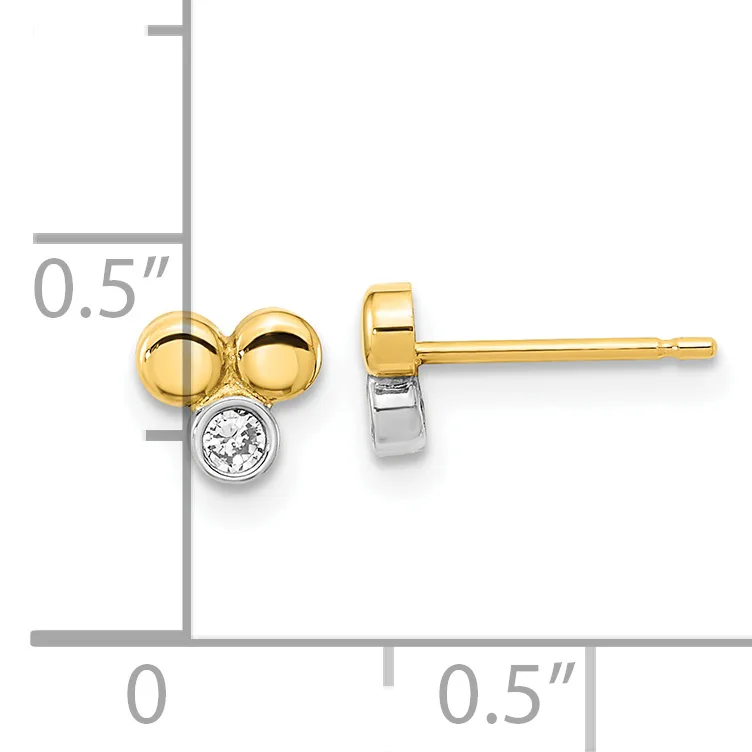 Two gold spheres with a white diamond in a bezel setting below, shown on a ruler indicating the earring is approximately half an inch in size.
