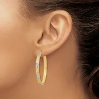 A woman wearing gold hoop earrings with a textured diamond-cut pattern on the outer surface, shown from the side profile against her ear.