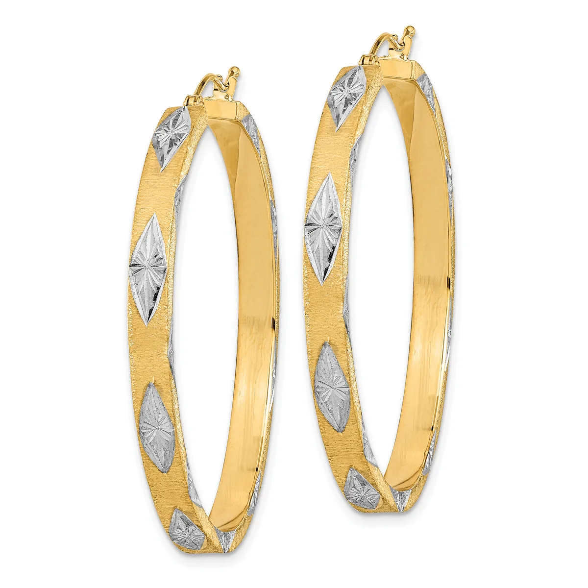A pair of gold hoop earrings with two-tone finish featuring white diamond-shaped accents arranged around the outer surface.